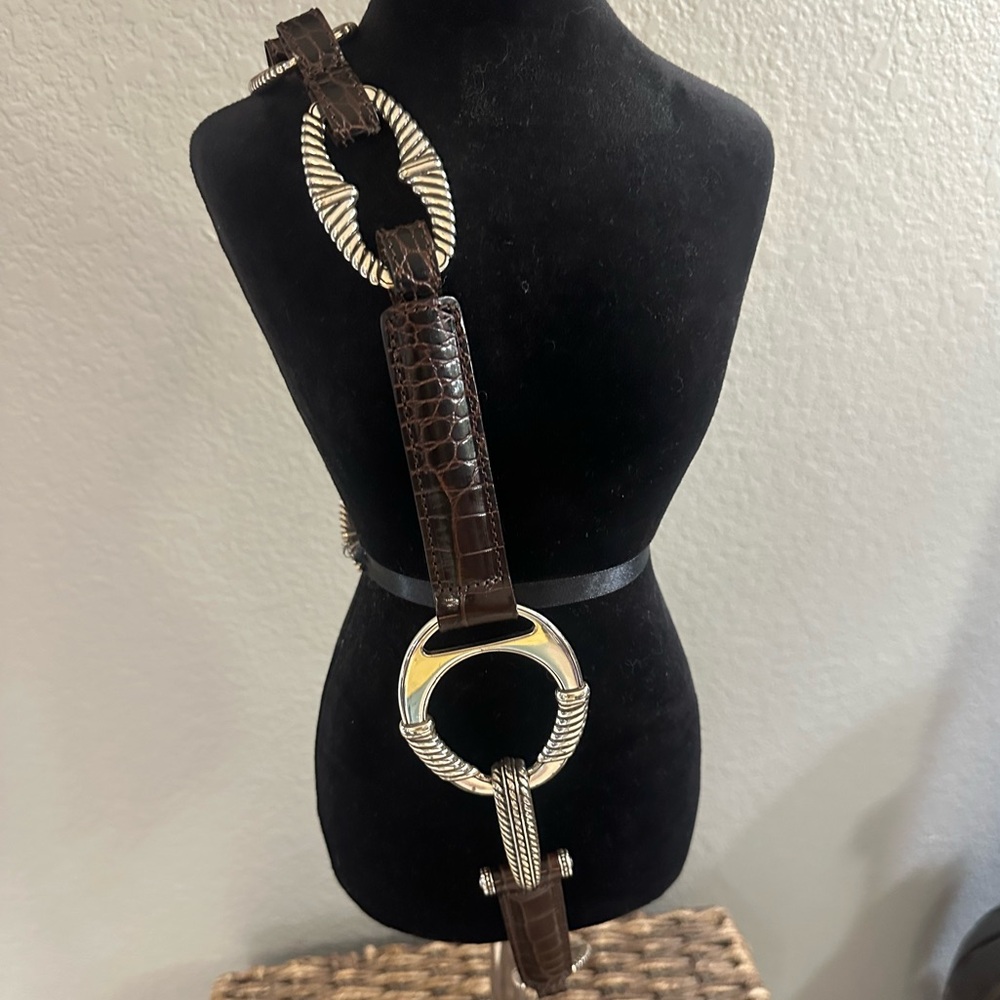 Vintage 90s Brighton Silver Western Brown Leather Hip Belt Size 36 NWOT